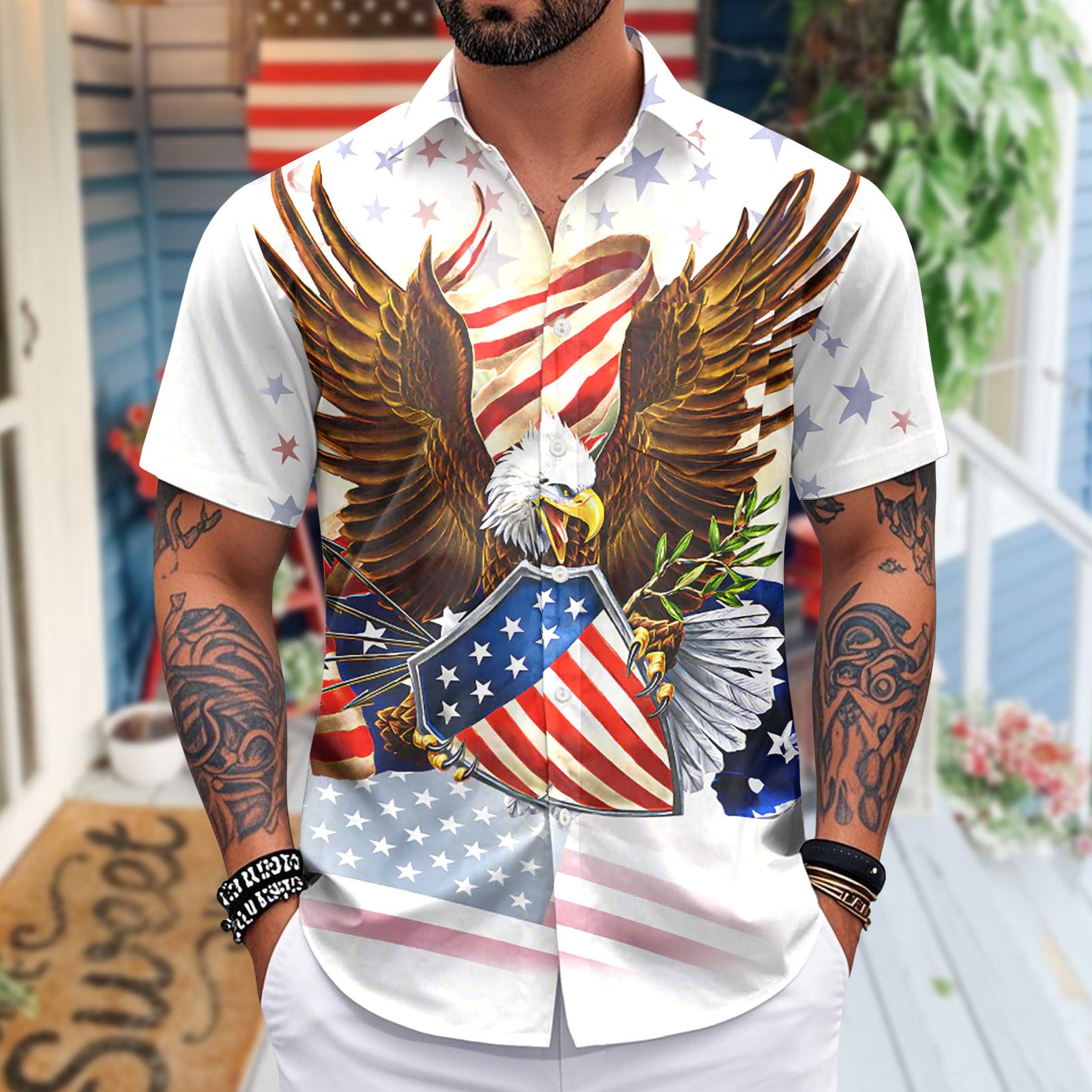 Patriotic Hawaiian Shirts for Men 250 Years Eagle Flag Patriotic Button Up Shirt Hawaiian Outfit for Parade sweetie
