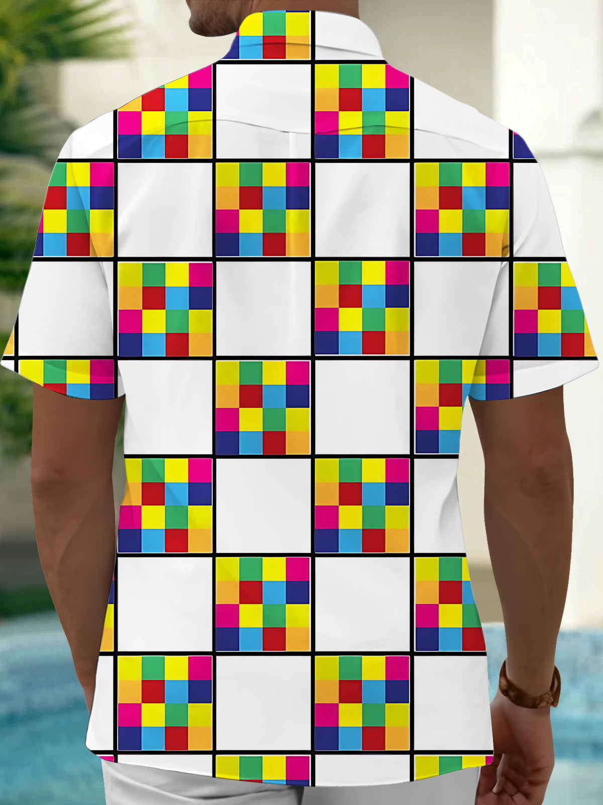 Geometric Square Print Men's Pocket Short Sleeve Shirts