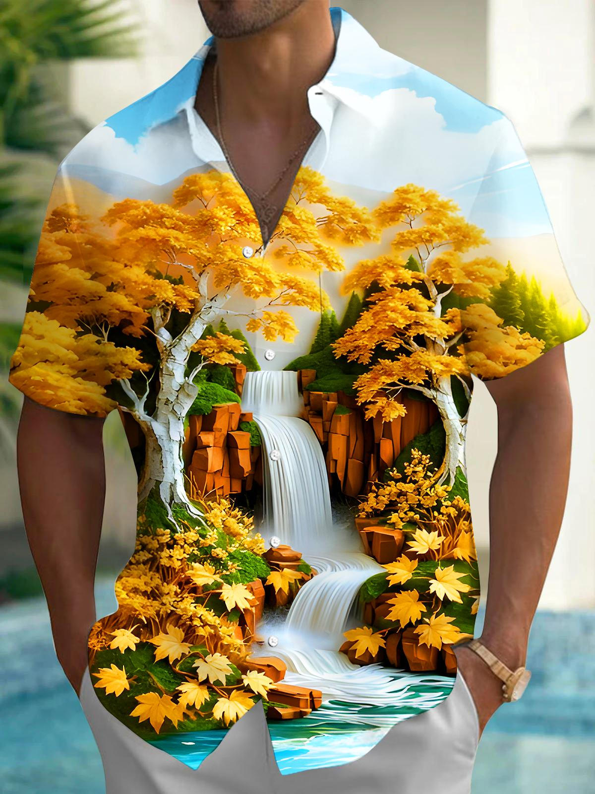 Autumn Maple Tree Waterfall Men's Pocket Short Sleeve Shirts