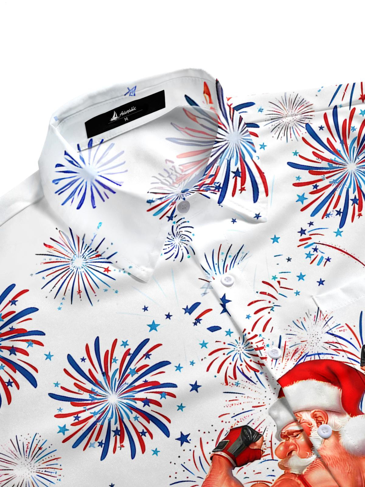 Independence Day Fireworks Muscle Santa Claus Men's Pocket Short Sleeve Shirts