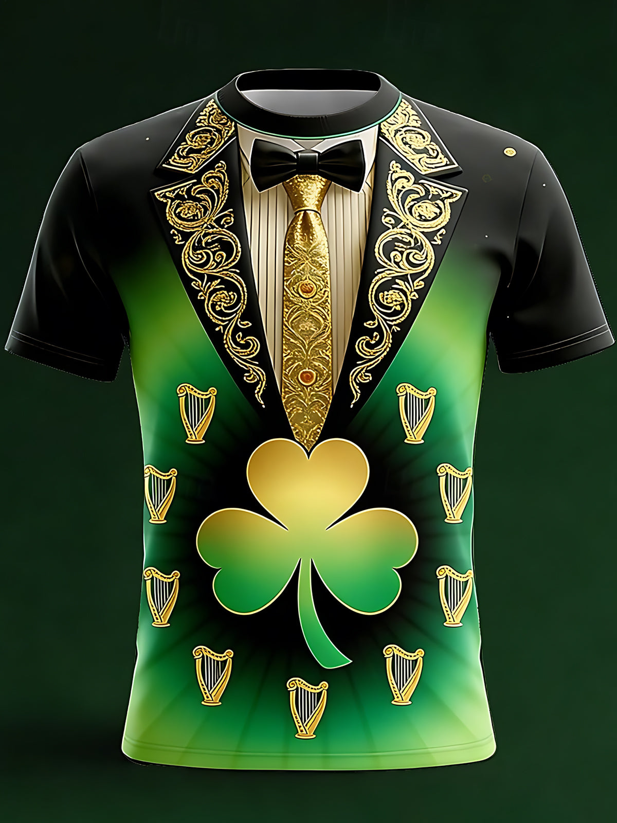 St. Patrick's Day Clover Harp Print Round Neck Short Sleeve Men's T-shirt