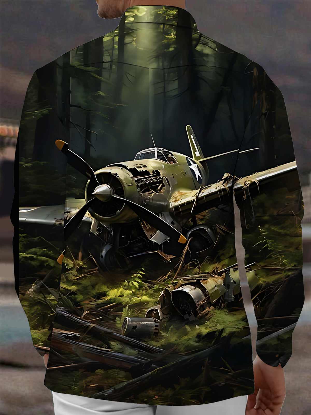 Aircraft Wreckage Print Men's Pocket Long Sleeve Shirts