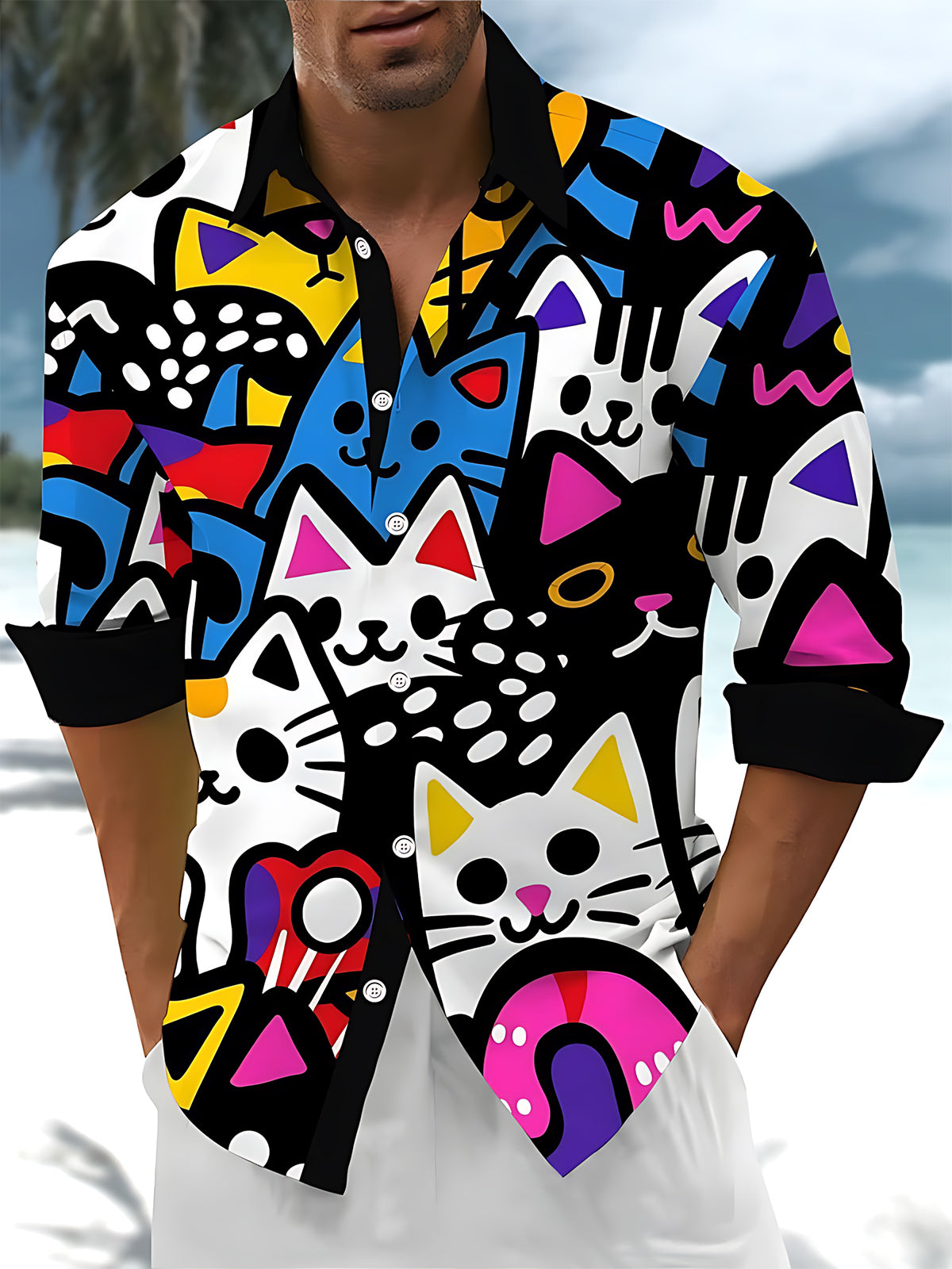 Funny Cat Print Men's Pocket Long Sleeve Shirts