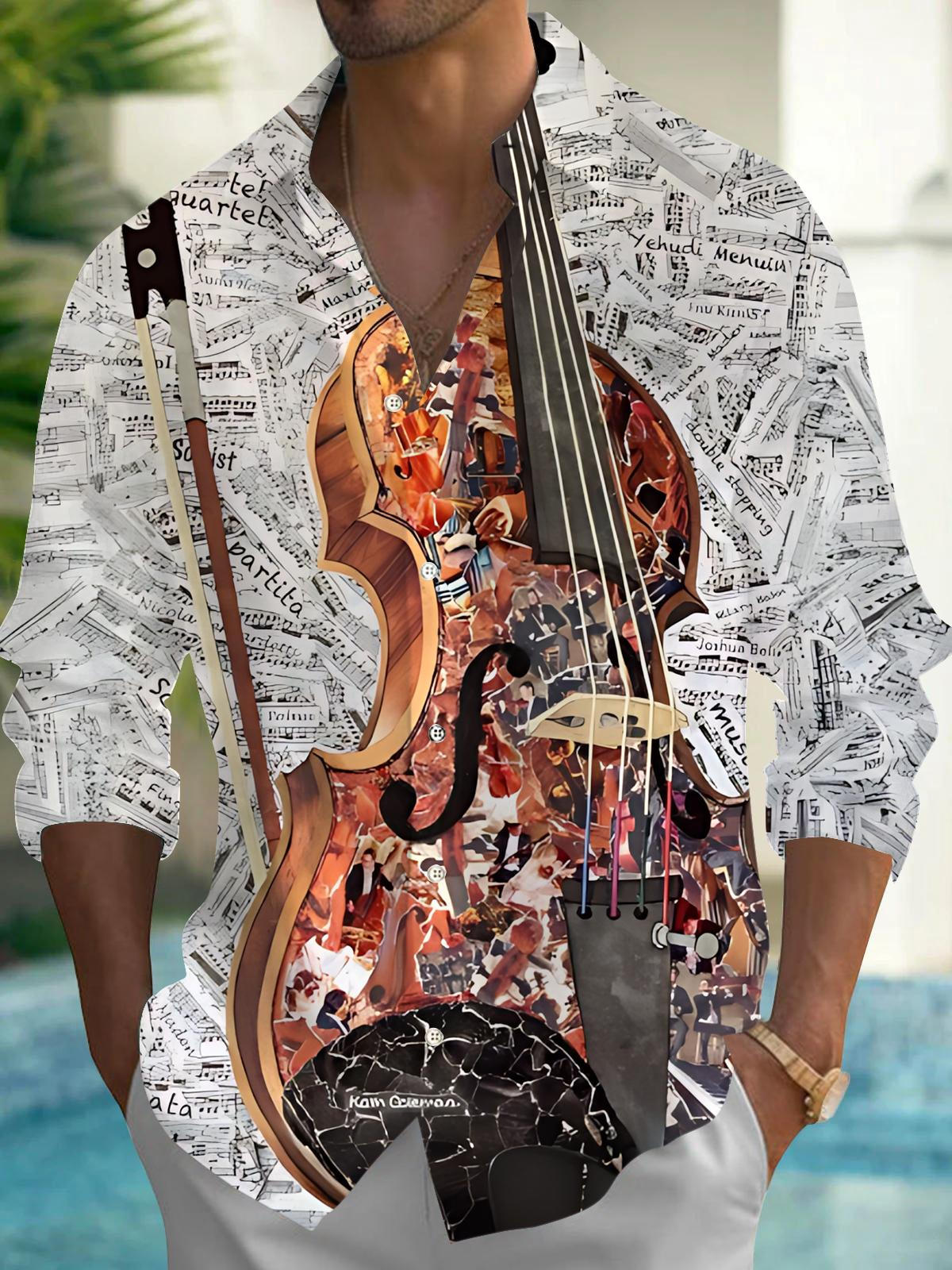 Violin Art Print Men's Pocket Long Sleeve Shirts