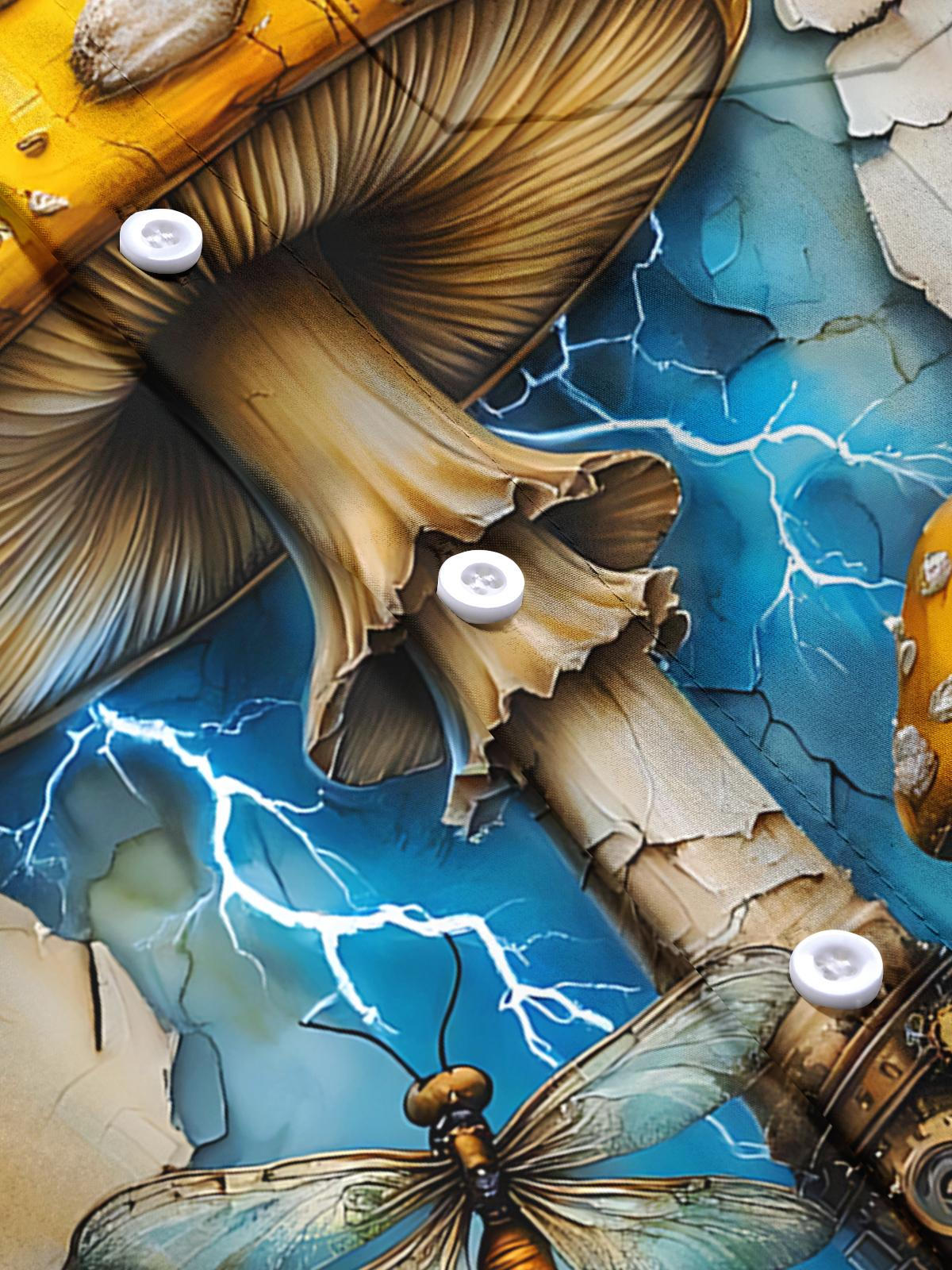 Mushroom Dragonfly Print Men's Pocket Short Sleeve Shirts