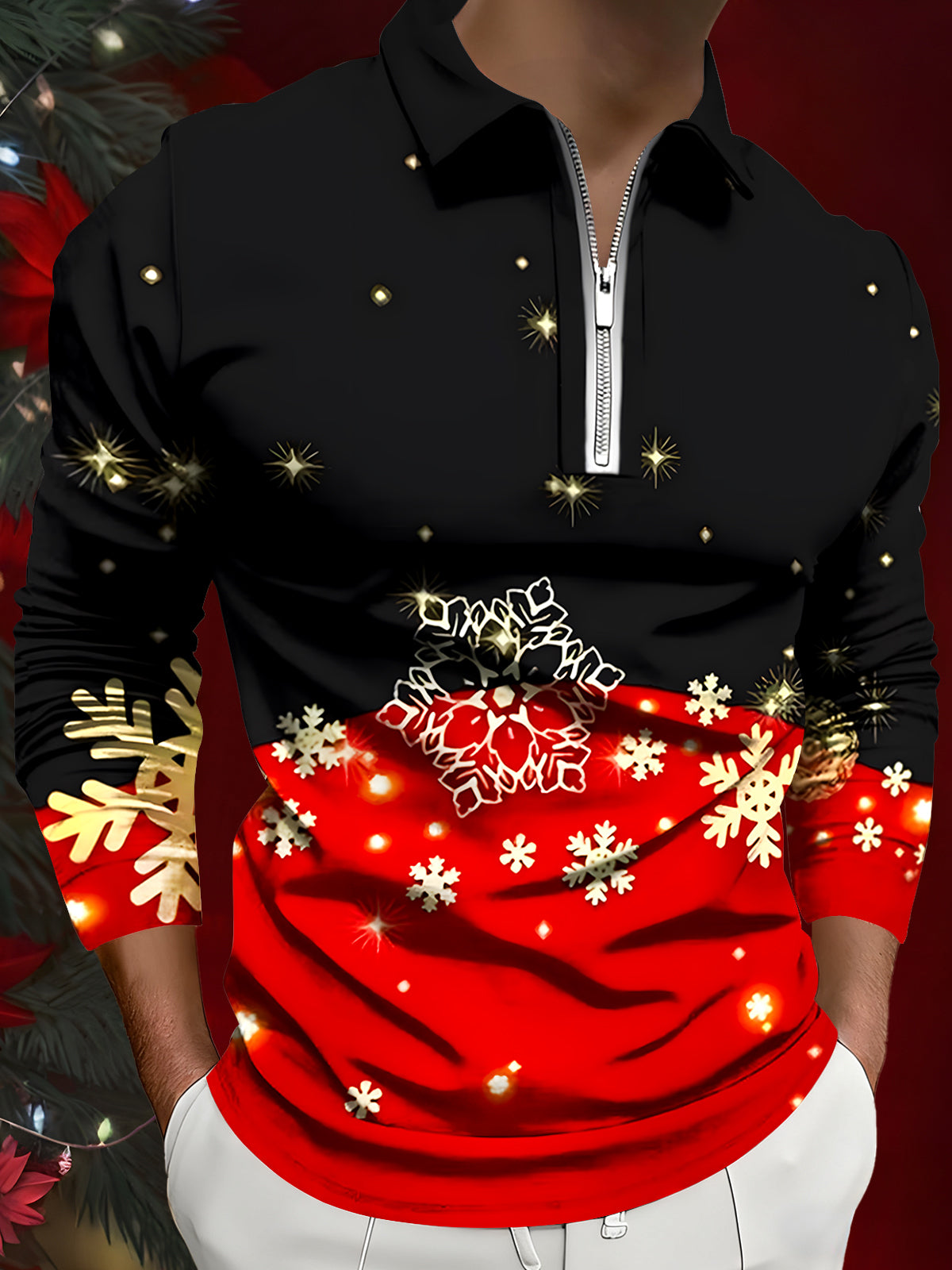 Snowflake Men's Long Sleeve Zipper Polo