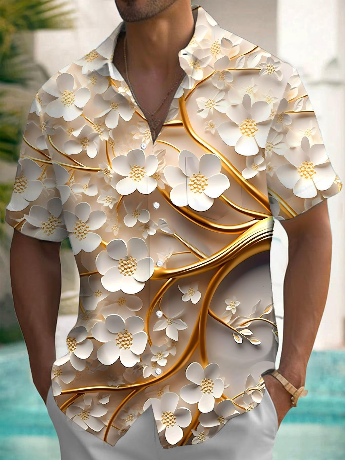 Floral Print Men's Pocket Short Sleeve Shirts