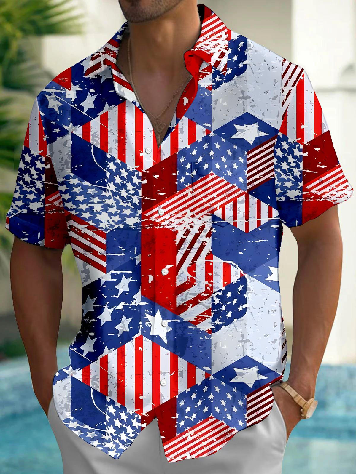 Independence Day American Flag Men's Pocket Short Sleeve Shirts