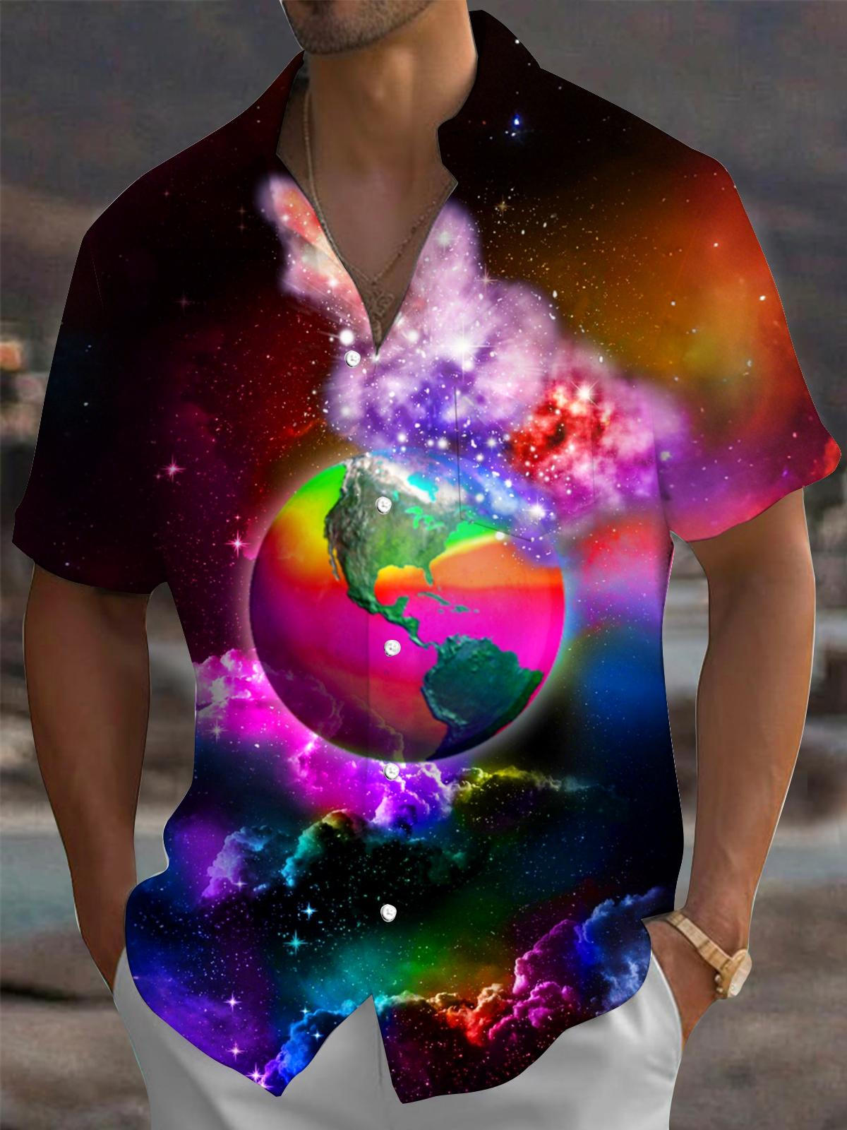 Universe Planet Print Men's Pocket Short Sleeve Shirts