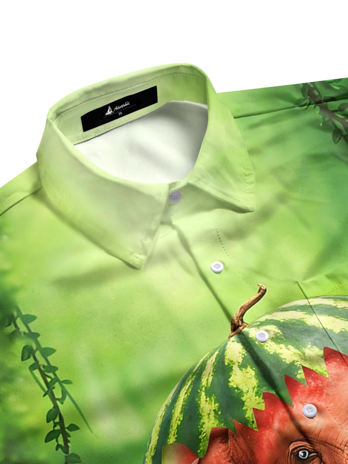 Elephant Watermelon Print Men's Pocket Short Sleeve Shirts