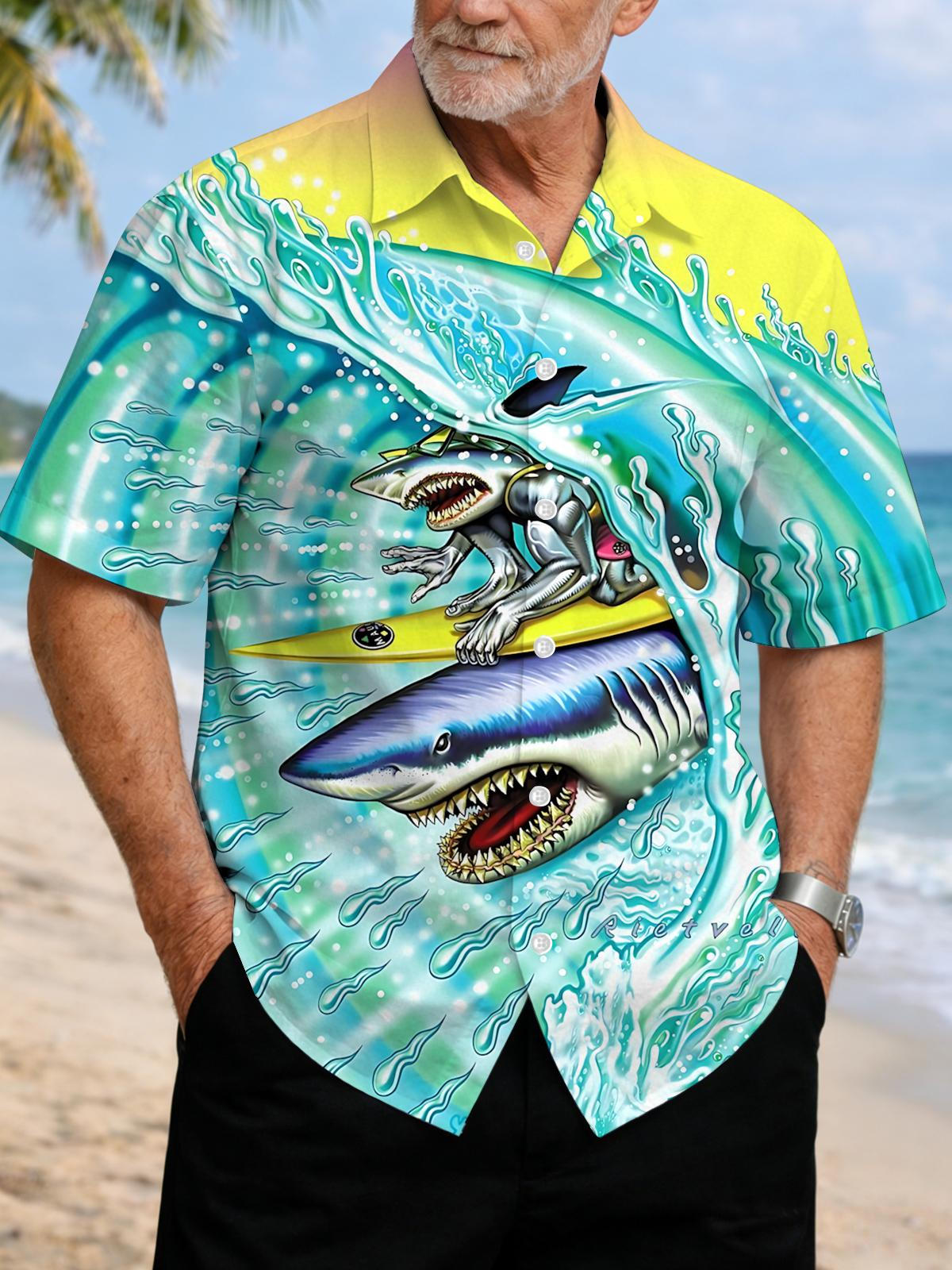 Shark Print Men's Pocket Short Sleeve Shirts