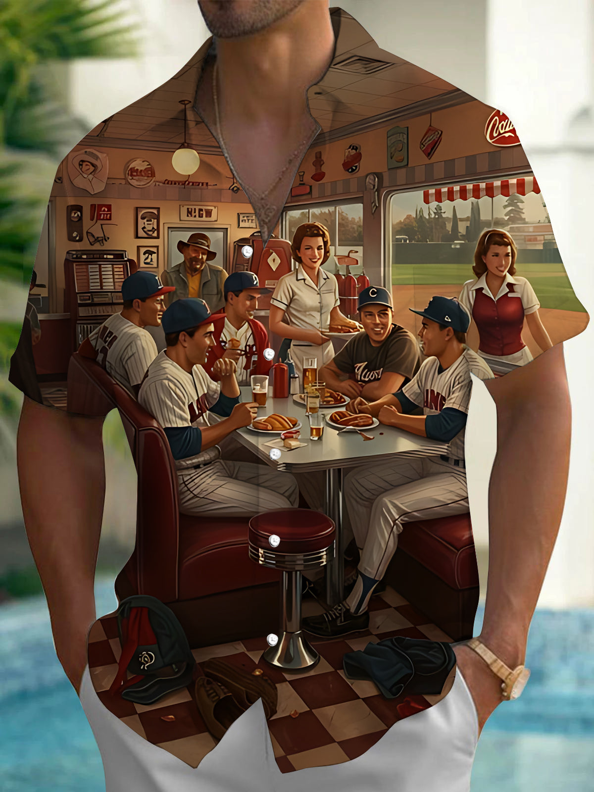 Retro Baseball Character Print Men's Pocket Short Sleeve Shirts