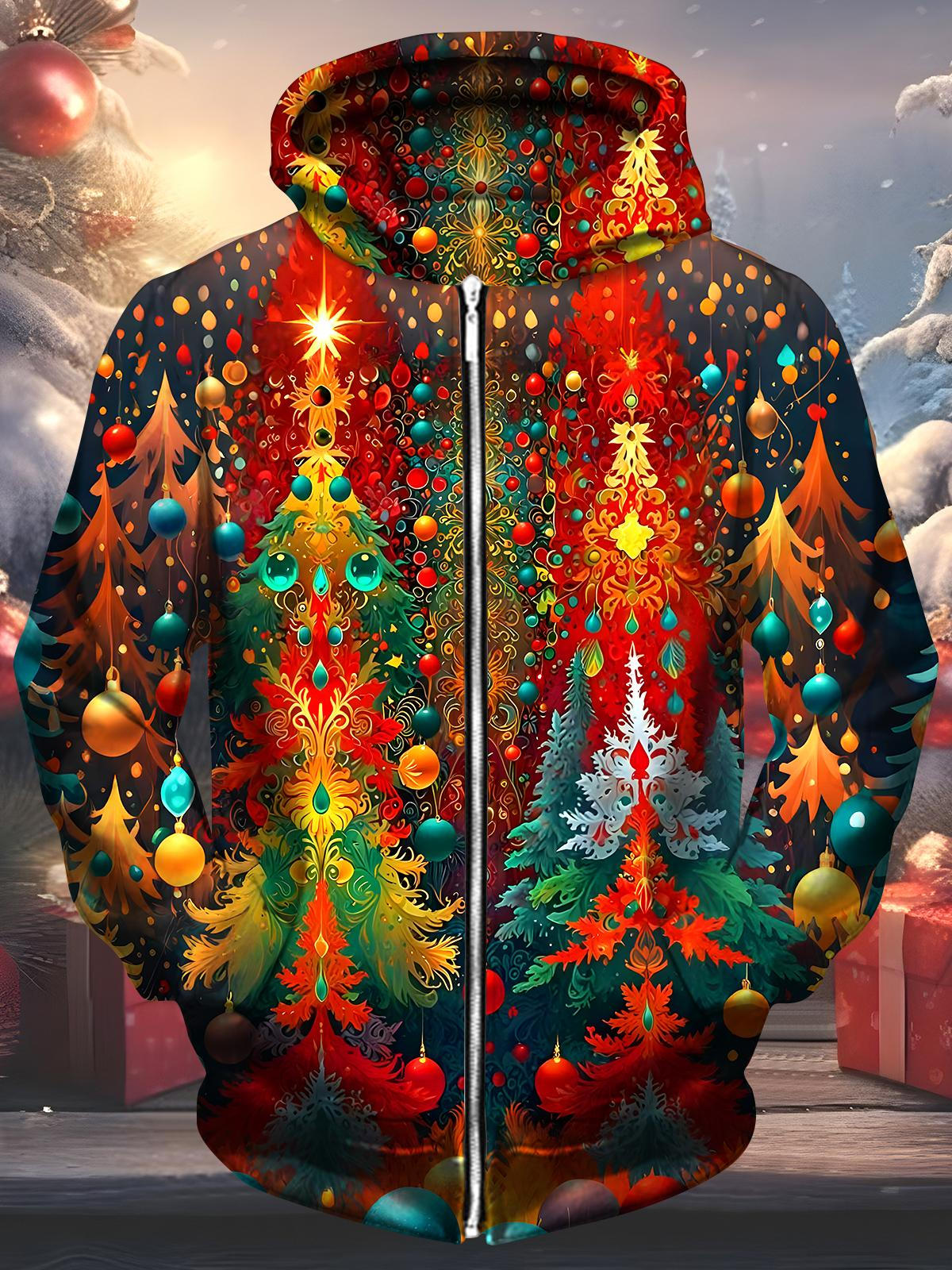 Christmas Tree Men's Pocket Long Sleeve Zip Up Hoodies