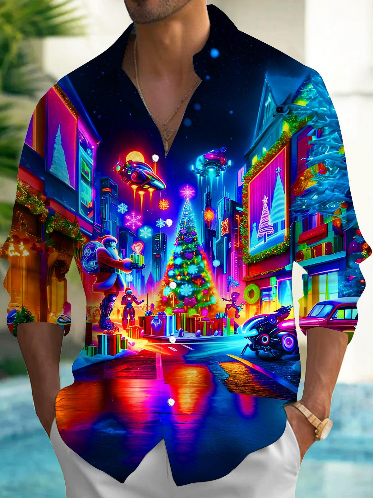 Psychedelic Neon Interstellar City Christmas Tree Santa Claus Xmas Men's Pocket Long Sleeve Shirts