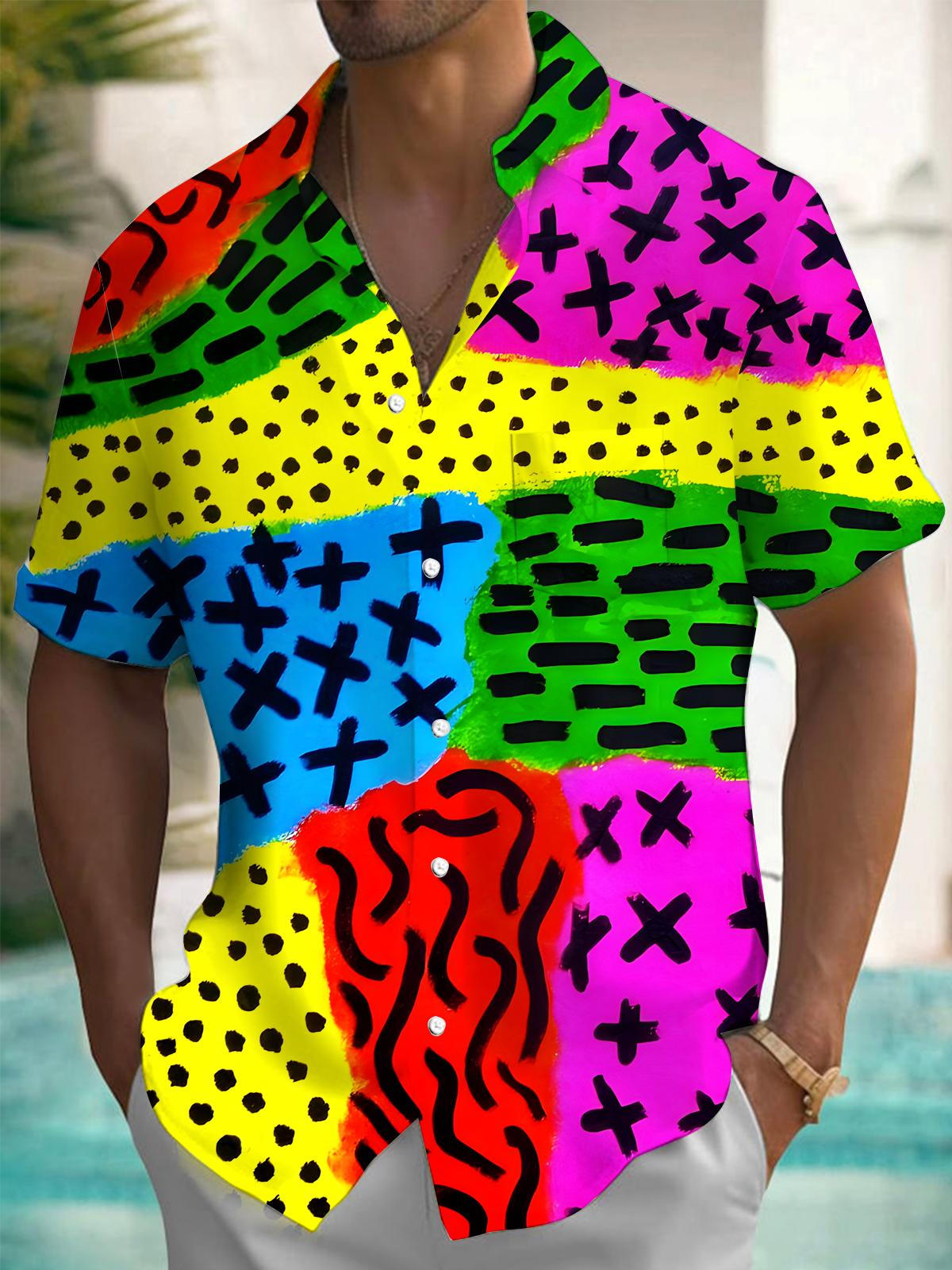 Geometric Contrast Print Men's Pocket Short Sleeve Shirts