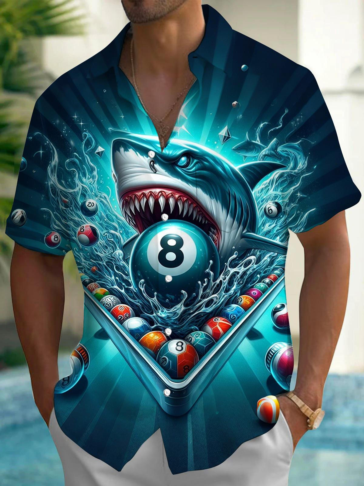 Shark Billiards Print Men's Pocket Short Sleeve Shirts