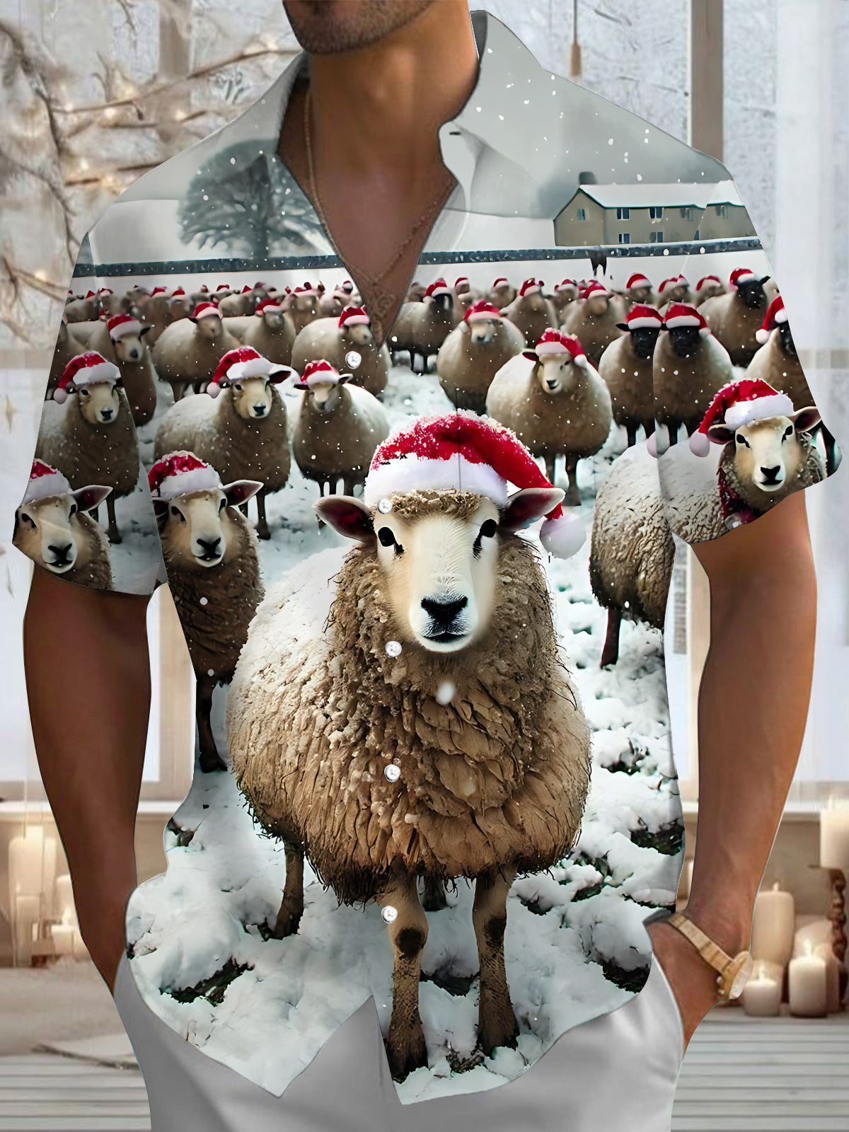 Christmas Sheep Print Men's Pocket Short Sleeve Shirts