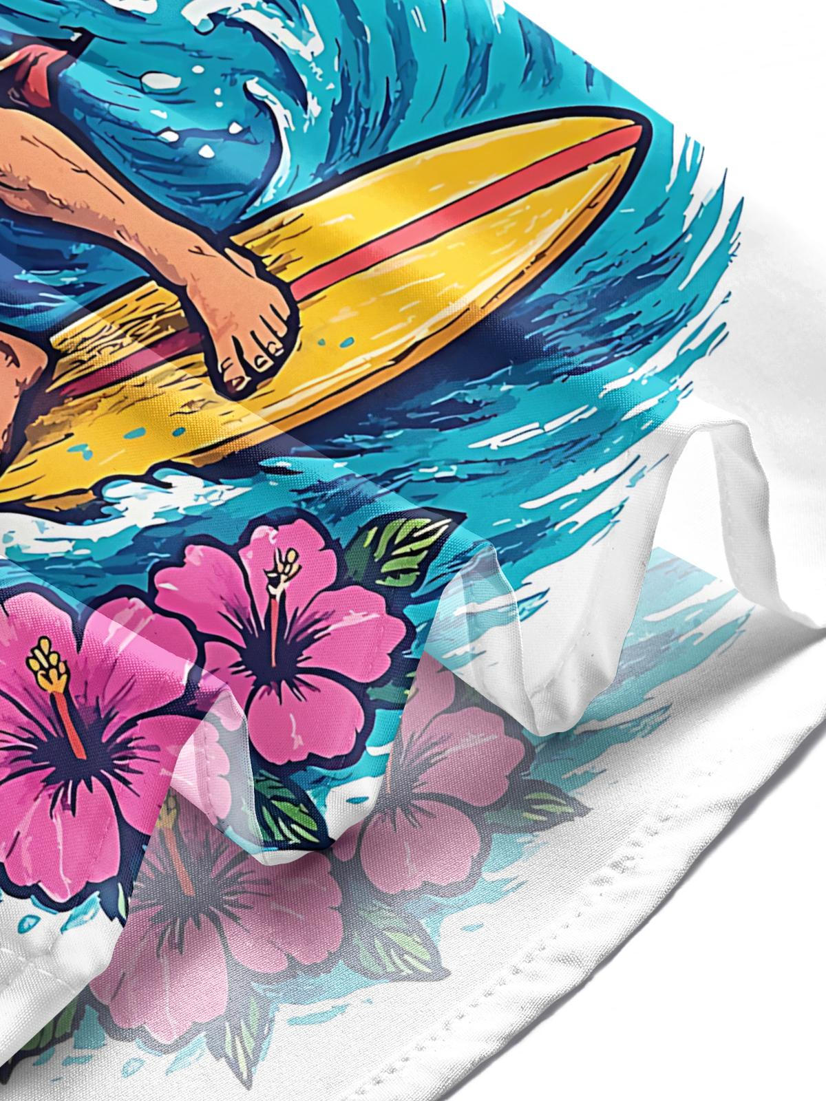 Hawaiian Jesus Surfing Print Men's Pocket Short Sleeve Shirts