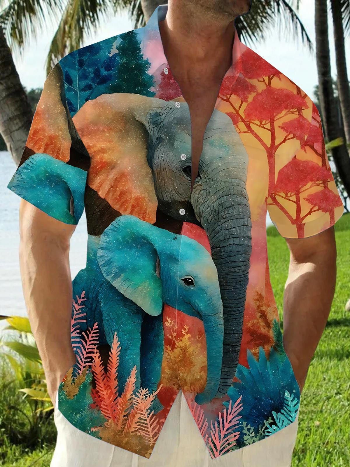 Elephant Print Men's Pocket Short Sleeve Shirts