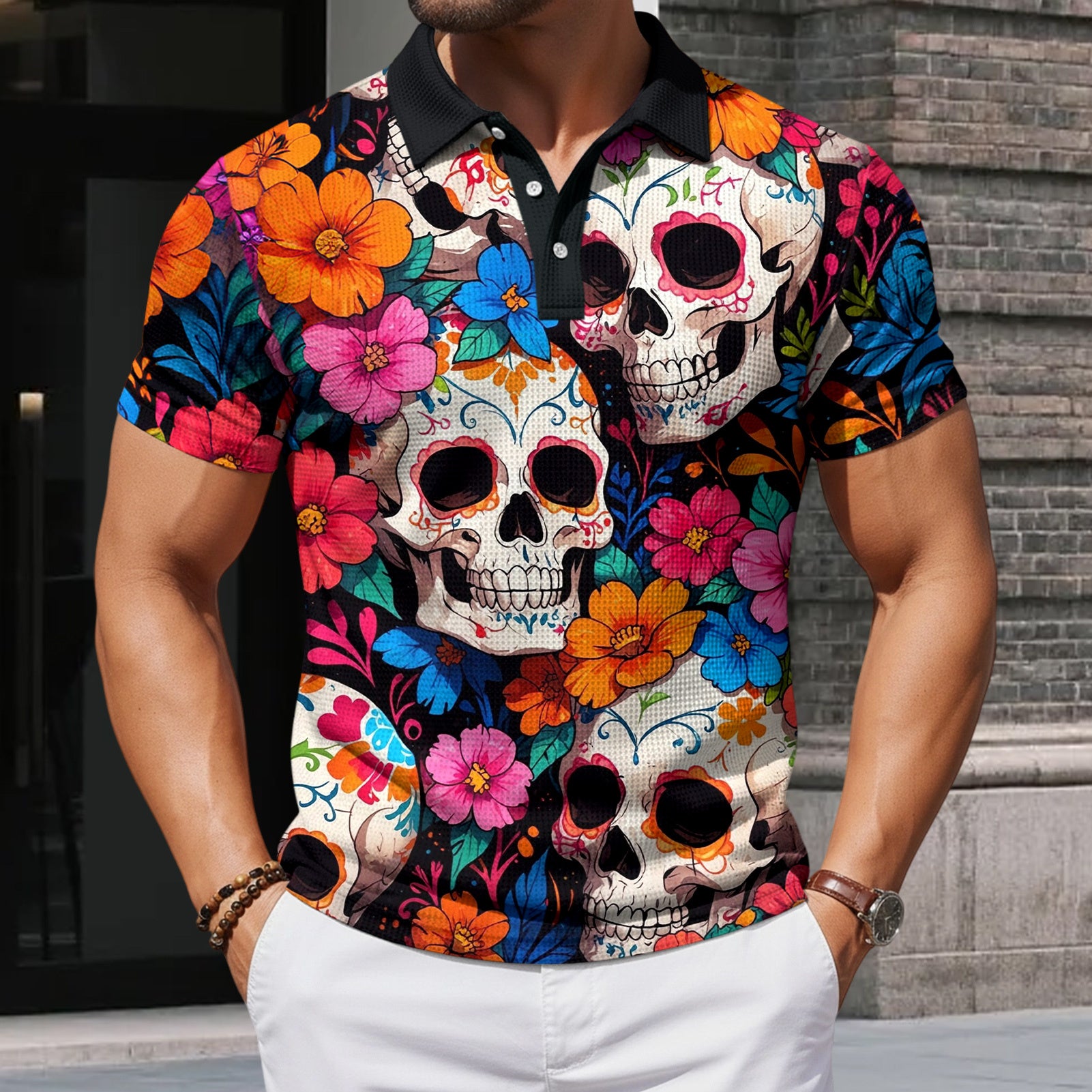 Skull Collared Tee Shirt for Men Waffle Floral Summer Short Sleeve Fashion Button Graphic Tee Shirt for Beach consistent