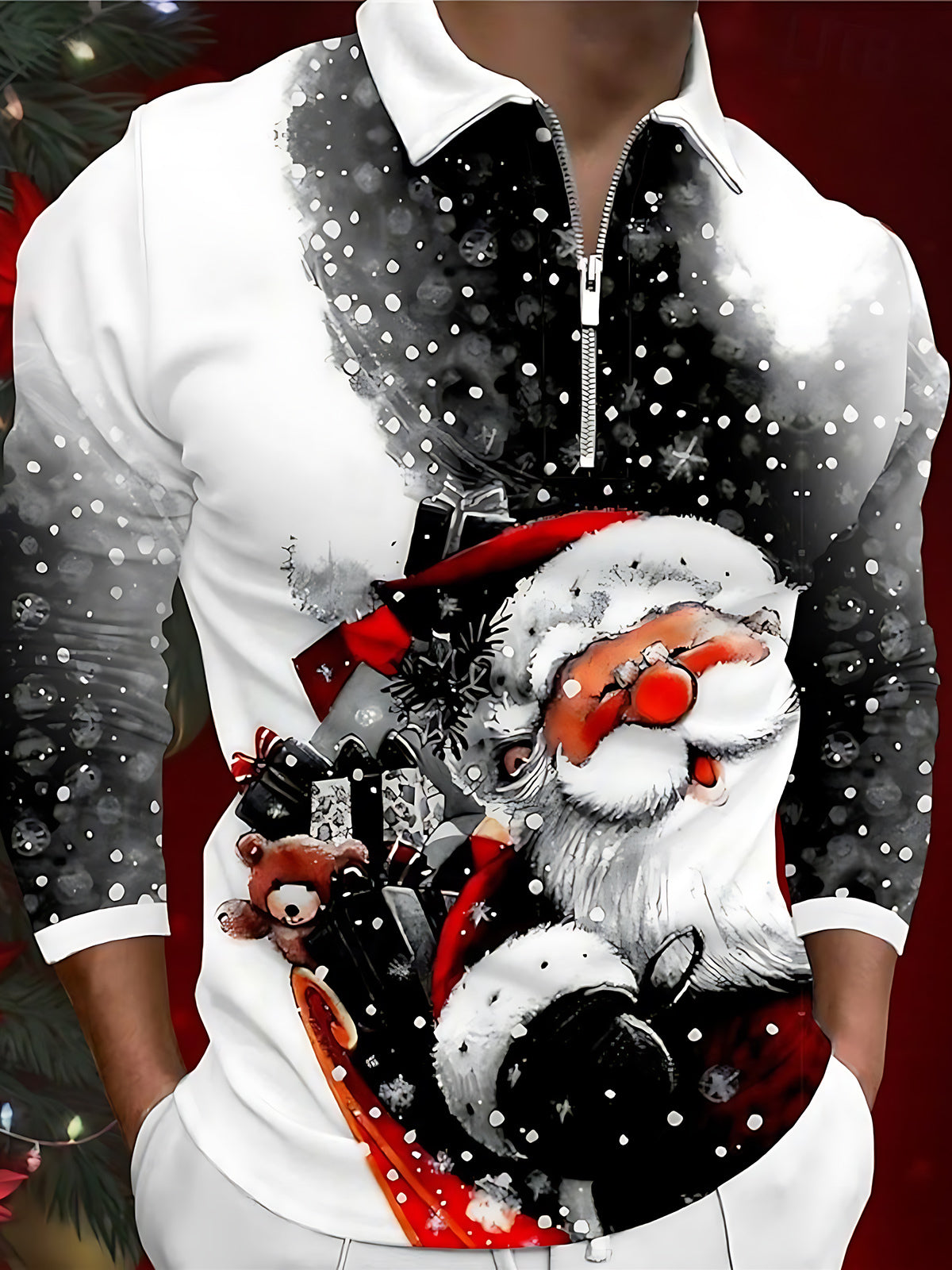 Christmas Santa Claus Print Men's Long Sleeve Zipper Polo