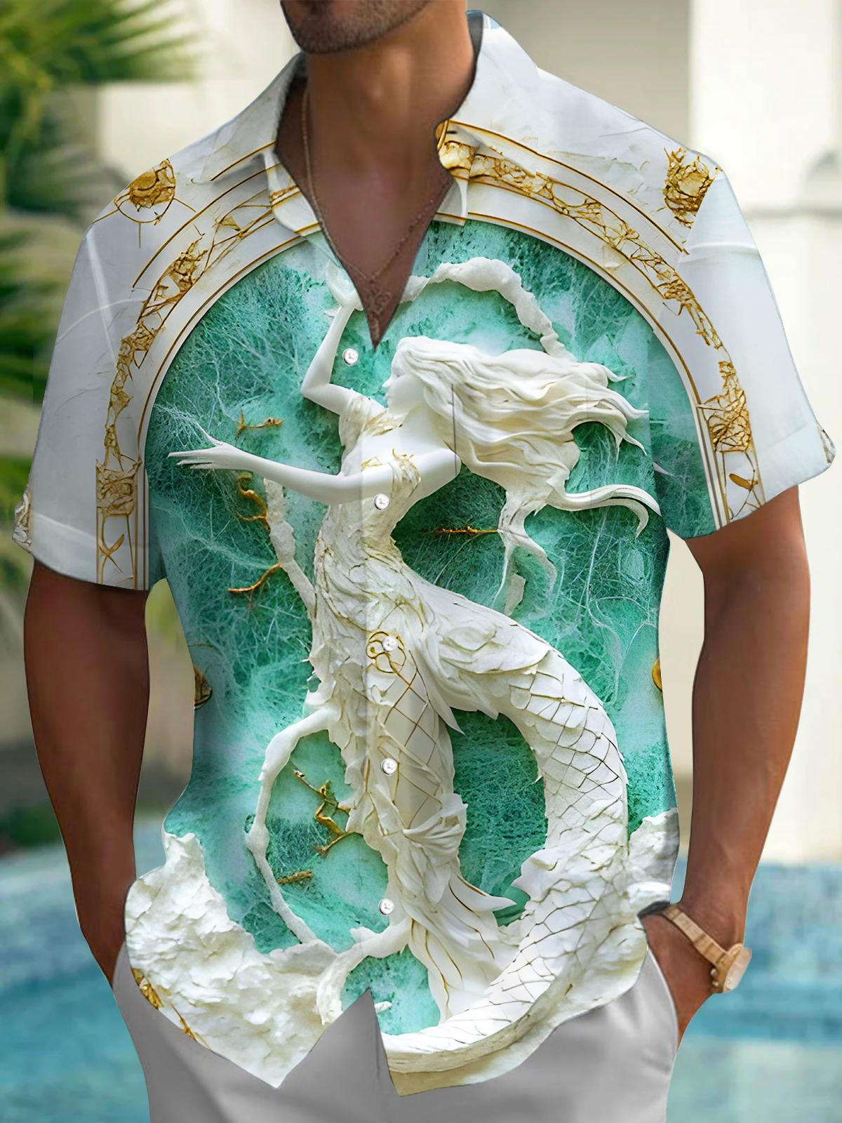 Art Mermaid Relief Men's Pocket Short Sleeve Shirts