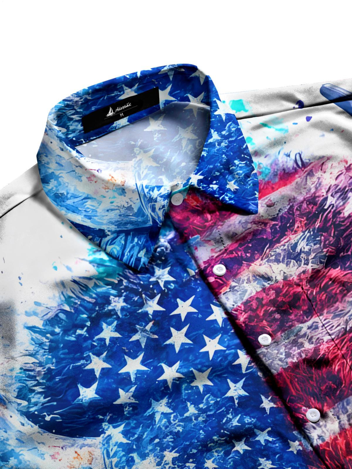 American Flag Cow Head Print Men's Pocket Short Sleeve Shirts