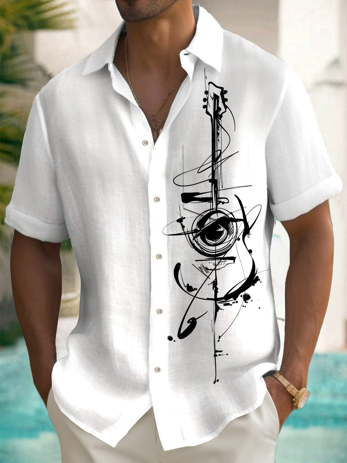 Music Guitar Print Men's Pocket Short Sleeve Shirts