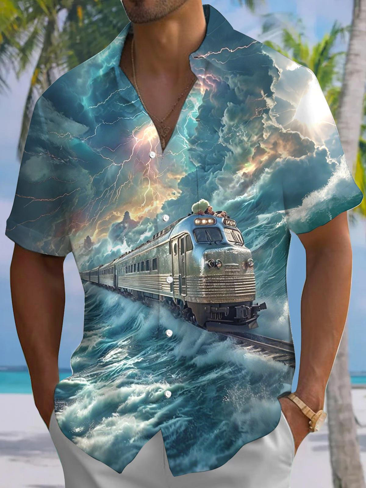 Ocean Train Print Men's Pocket Short Sleeve Shirts