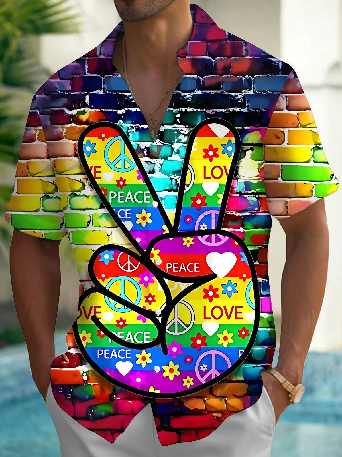 Peace Gesture Print Men's Pocket Short Sleeve Shirts