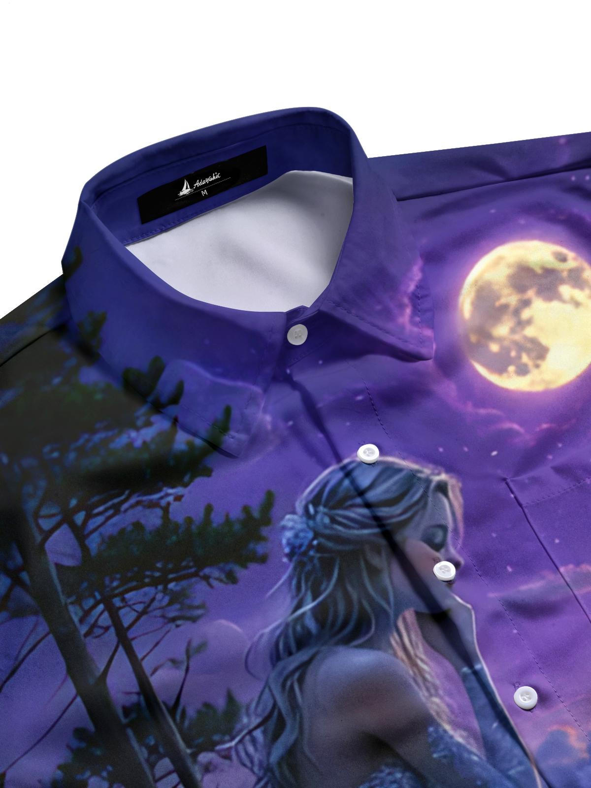 Mermaid Moon Boat Print Men's Pocket Short Sleeve Shirts