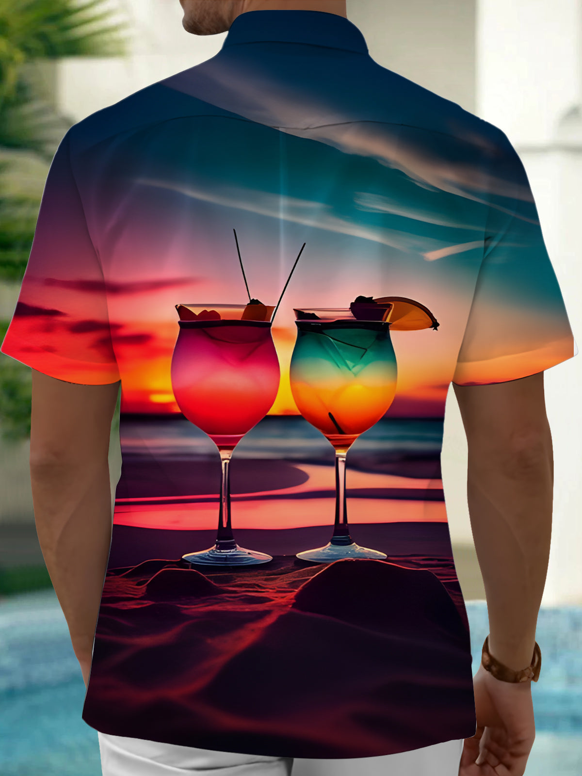 Beach Cocktail Print Men's Pocket Short Sleeve Shirts
