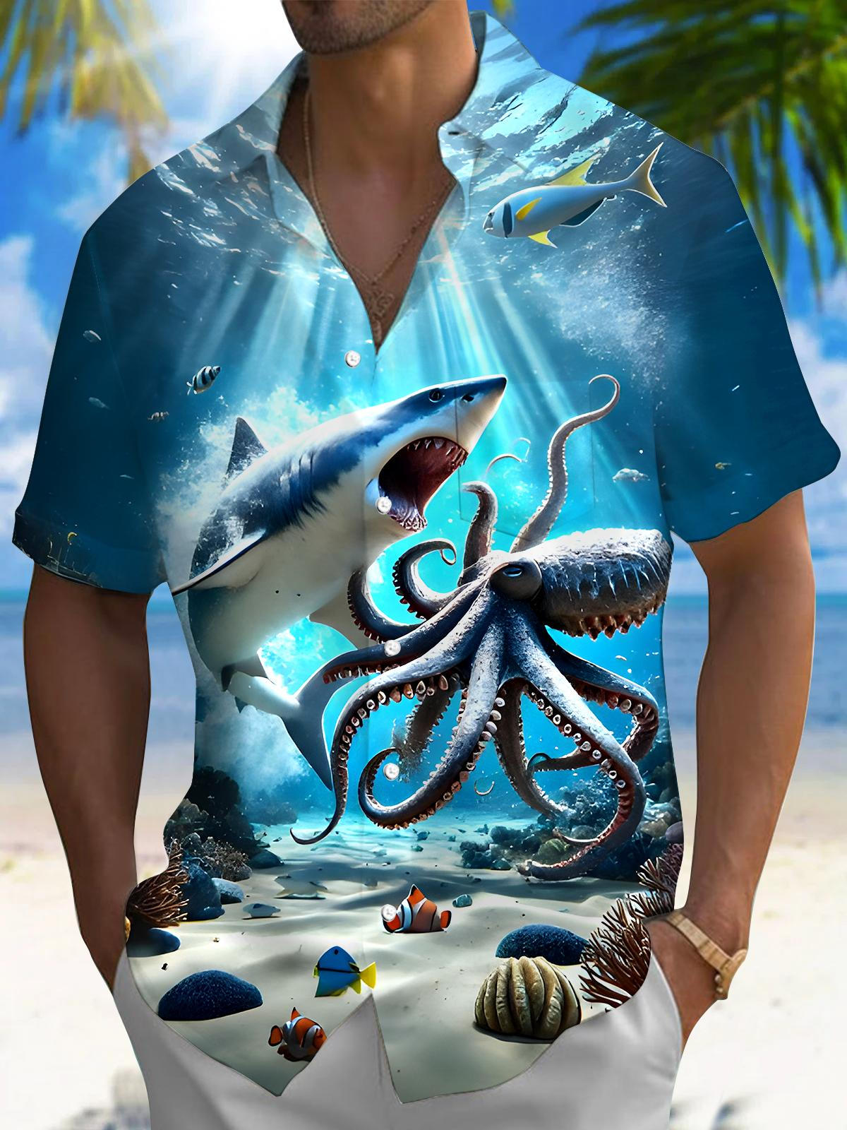Shark Octopus Men's Pocket Short Sleeve Shirts