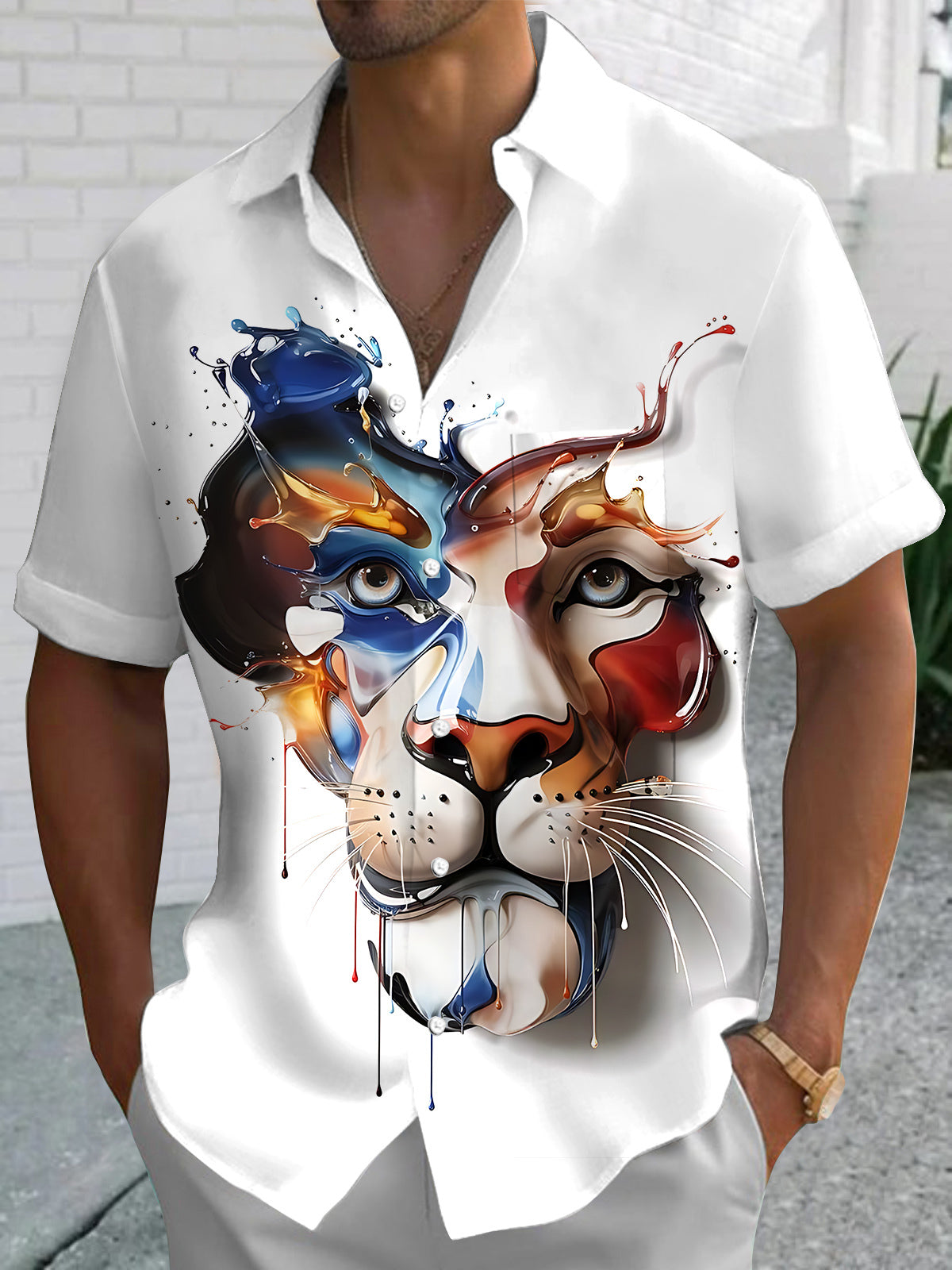 Lion Art Print Men's Pocket Short Sleeve Shirts