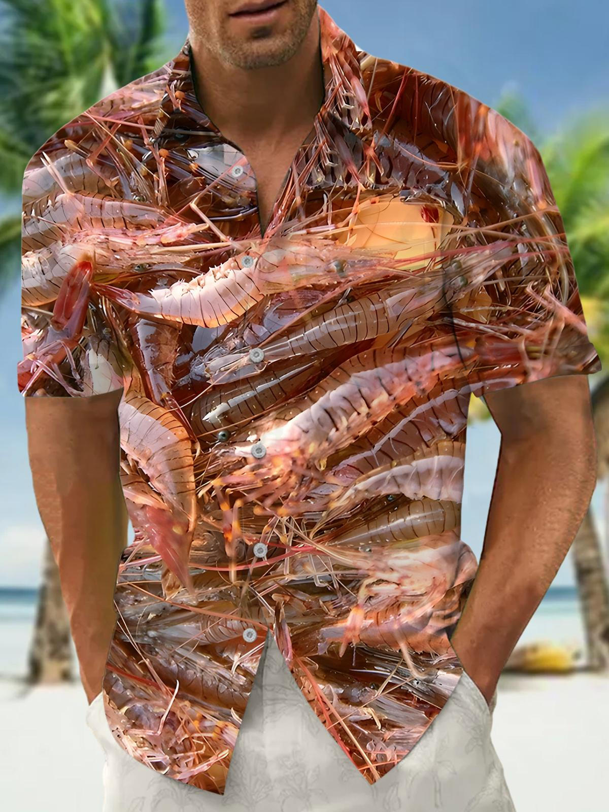 Seafood Shrimp Print Men's Pocket Short Sleeve Shirts