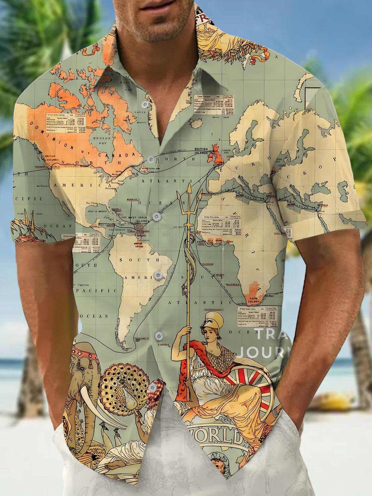 World Map Print Men's Pocket Short Sleeve Shirts