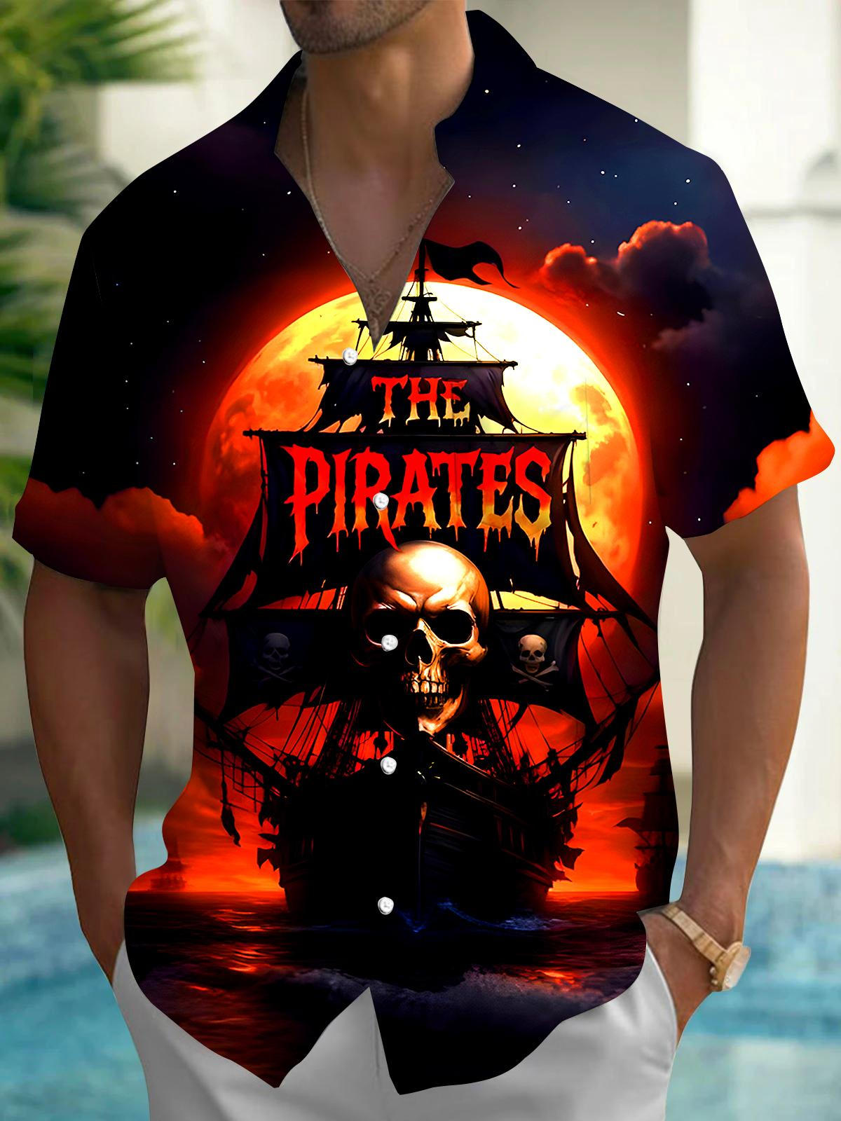 Skull Pirate Boat Men's Pocket Short Sleeve Shirts