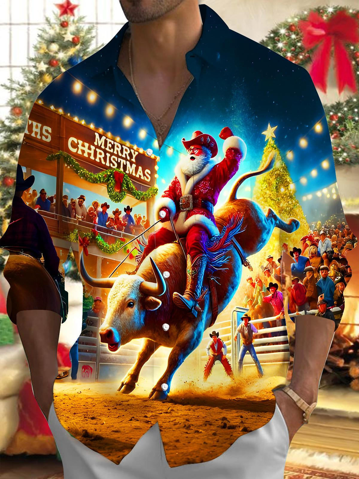 Funny Santa Bullfight Xmas Men's Pocket Long Sleeve Shirts