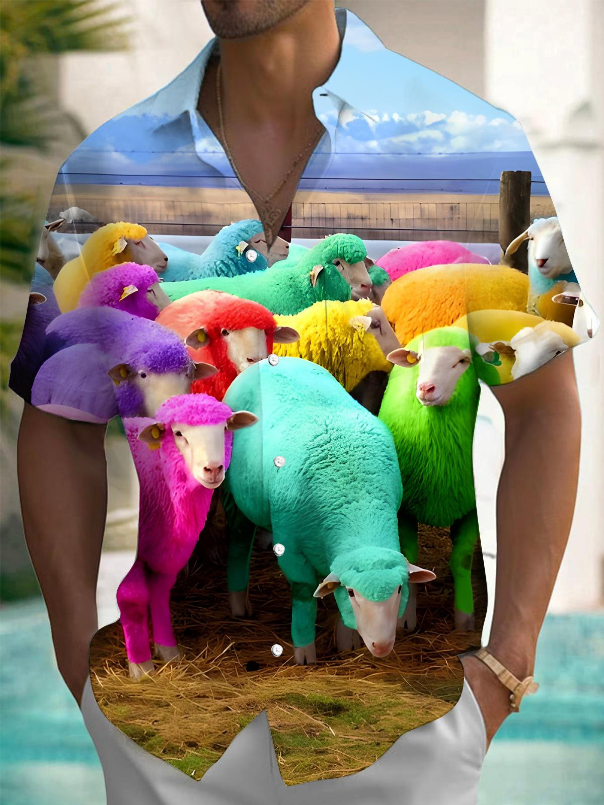 Sheep Print Men's Pocket Short Sleeve Shirts