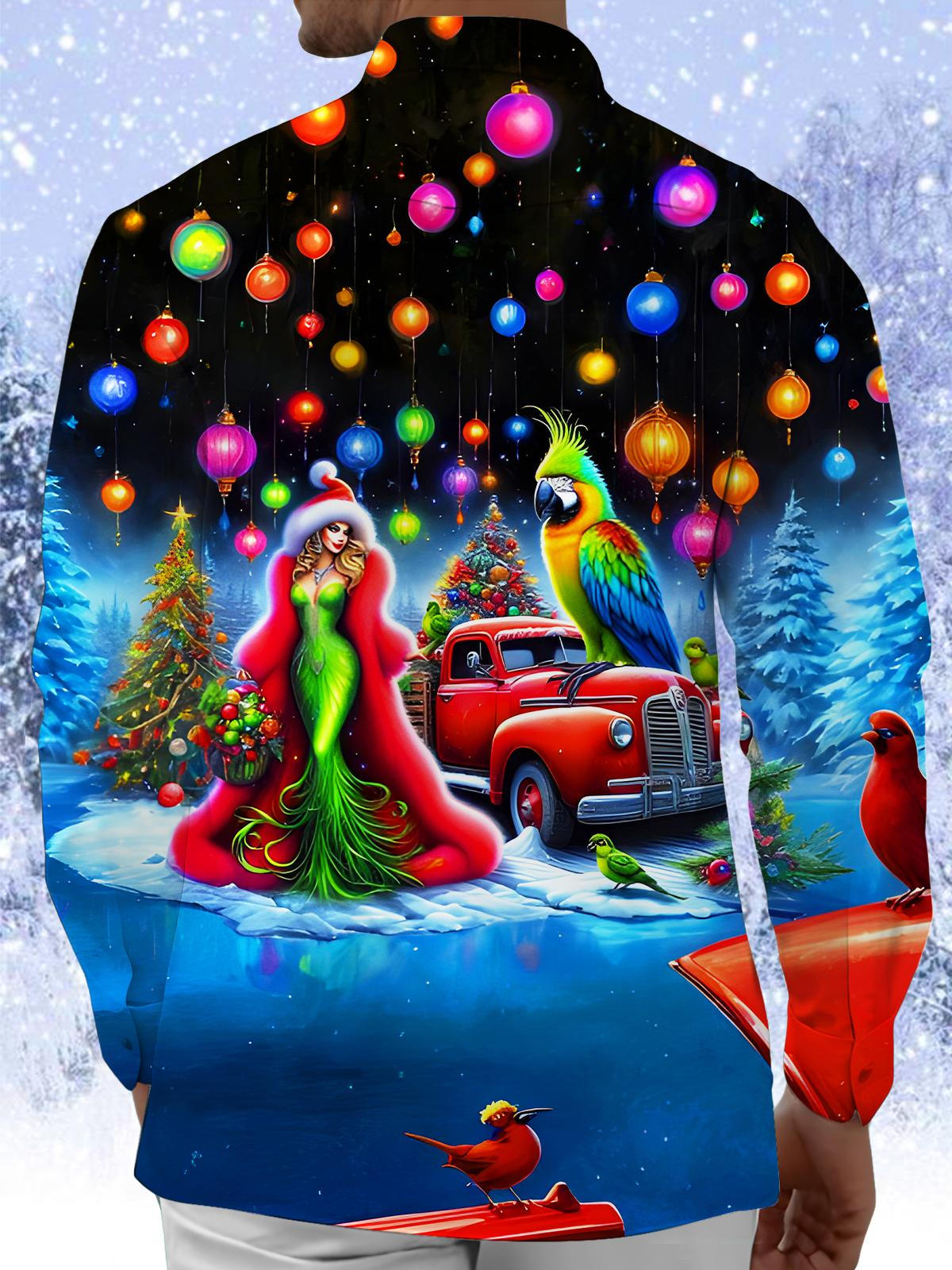 Fun Christmas Tree Parrot Beauty Car Light Ball Xmas Men's Pocket Long Sleeve Shirts