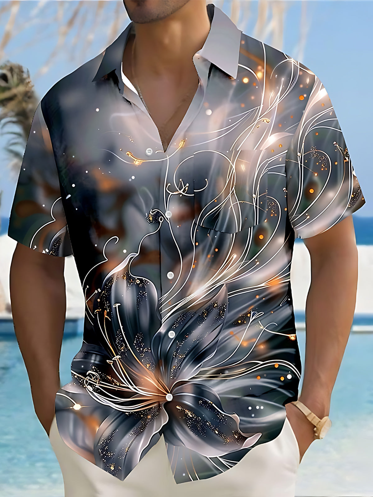 Abstract Floral Print Men's Pocket Short Sleeve Shirts