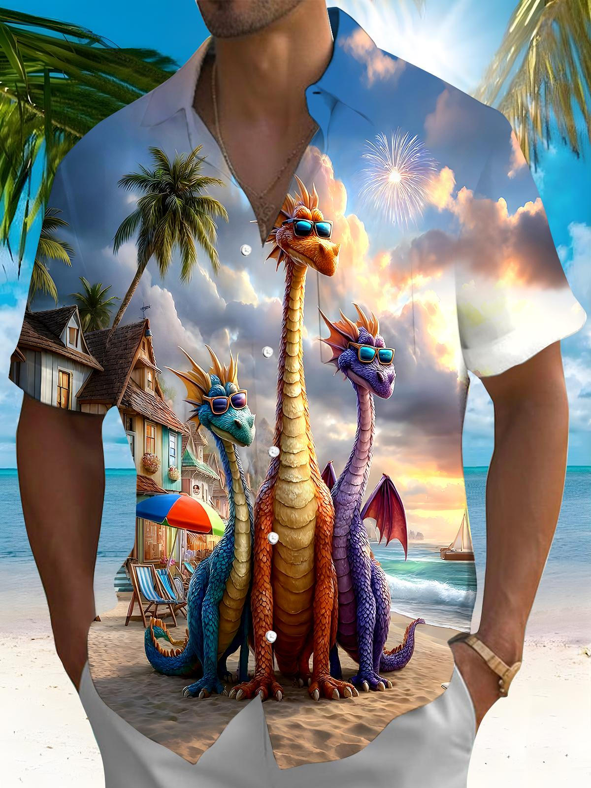 Vacation Dinosaur Men's Pocket Short Sleeve Shirts