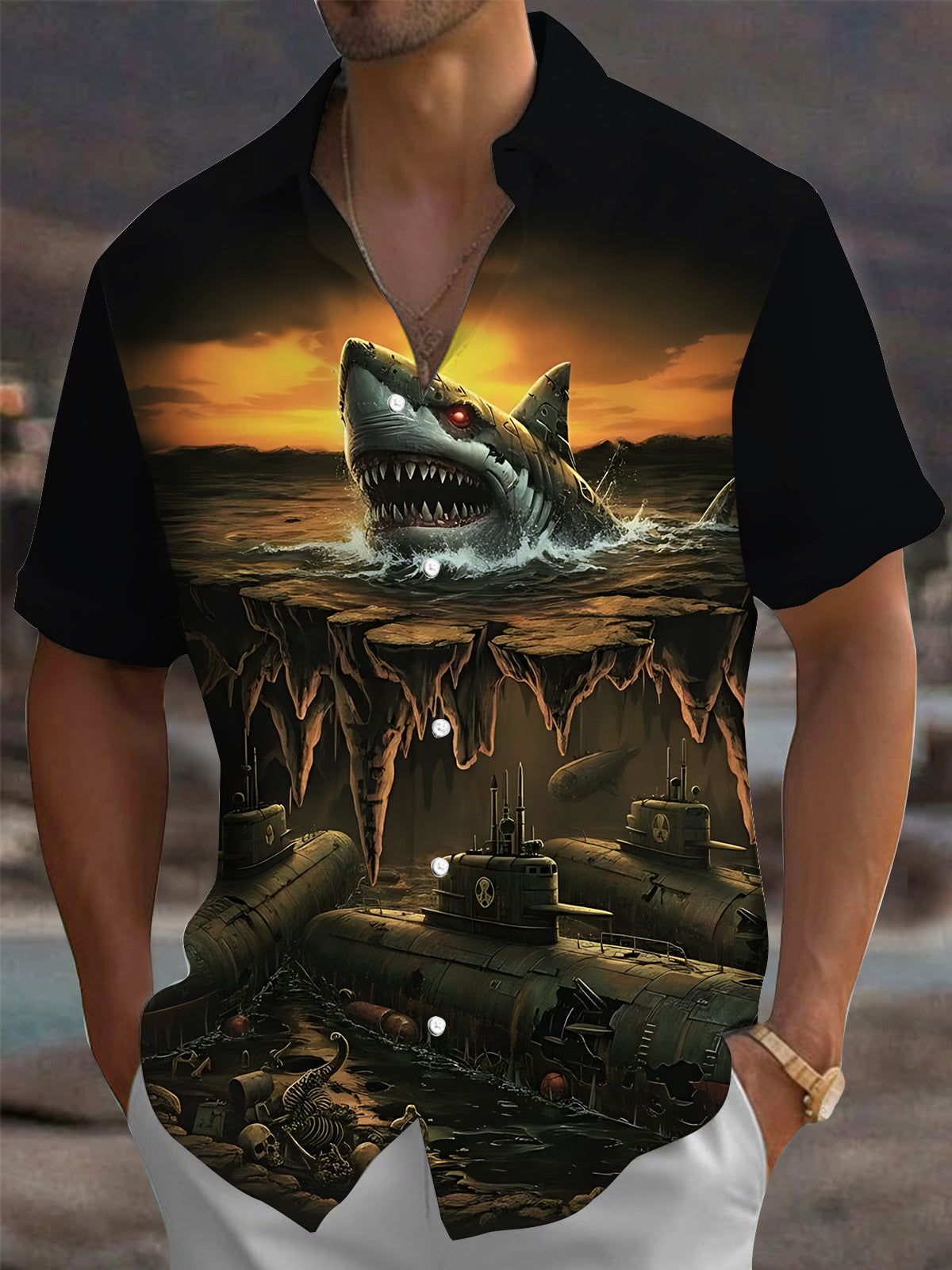 Shark Print Men's Pocket Short Sleeve Shirts