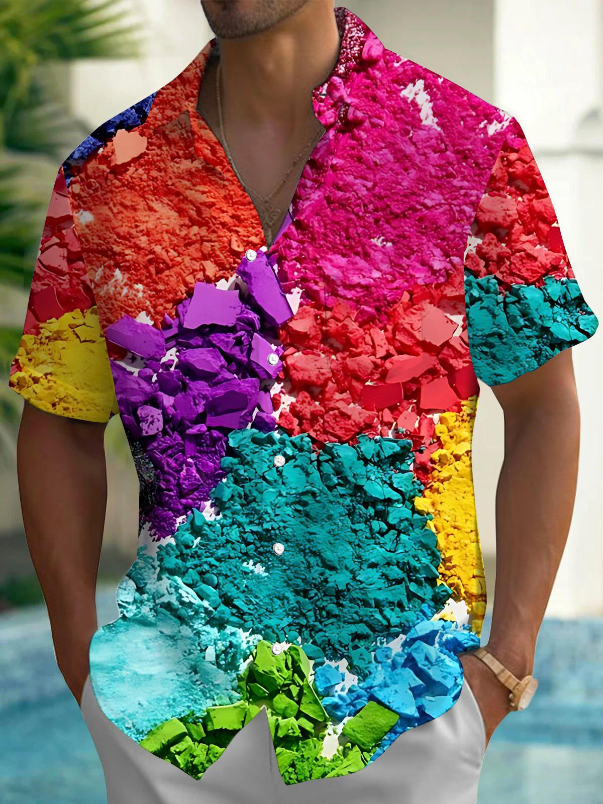 Colorful Powder Print Men's Pocket Short Sleeve Shirts