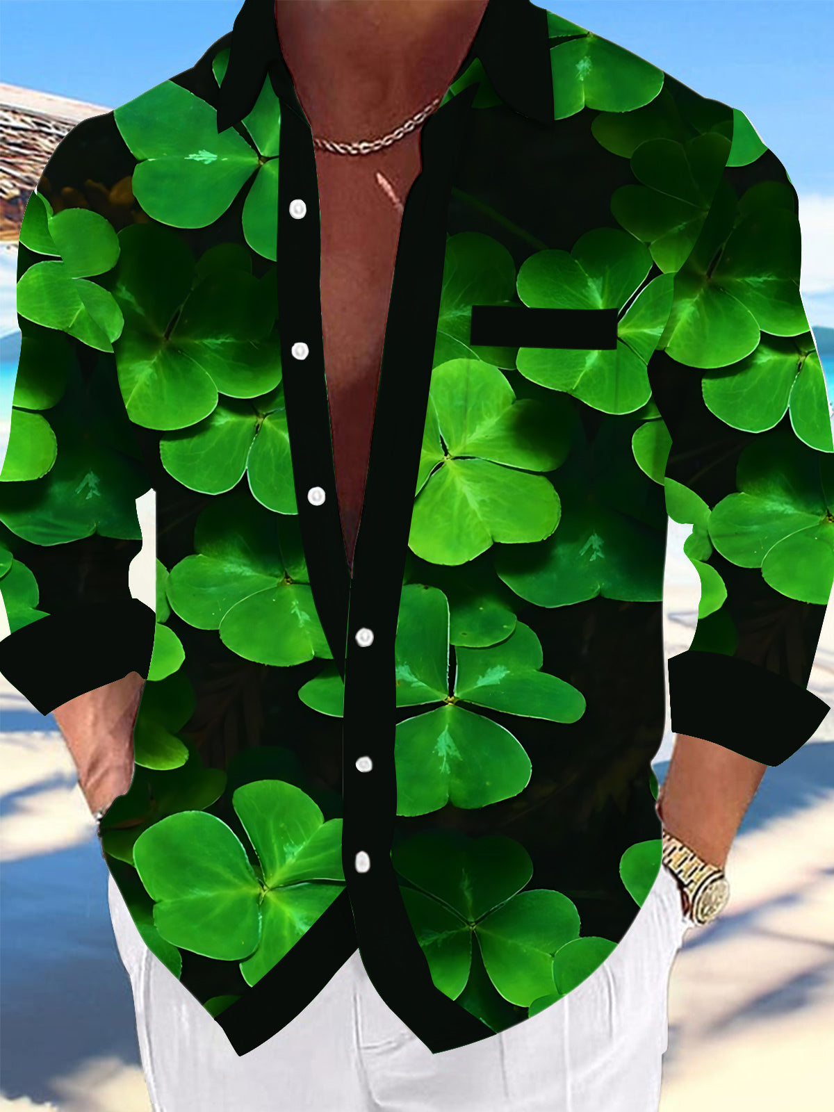 Four Leaf Clover Print Men's Pocket Long Sleeve Shirts