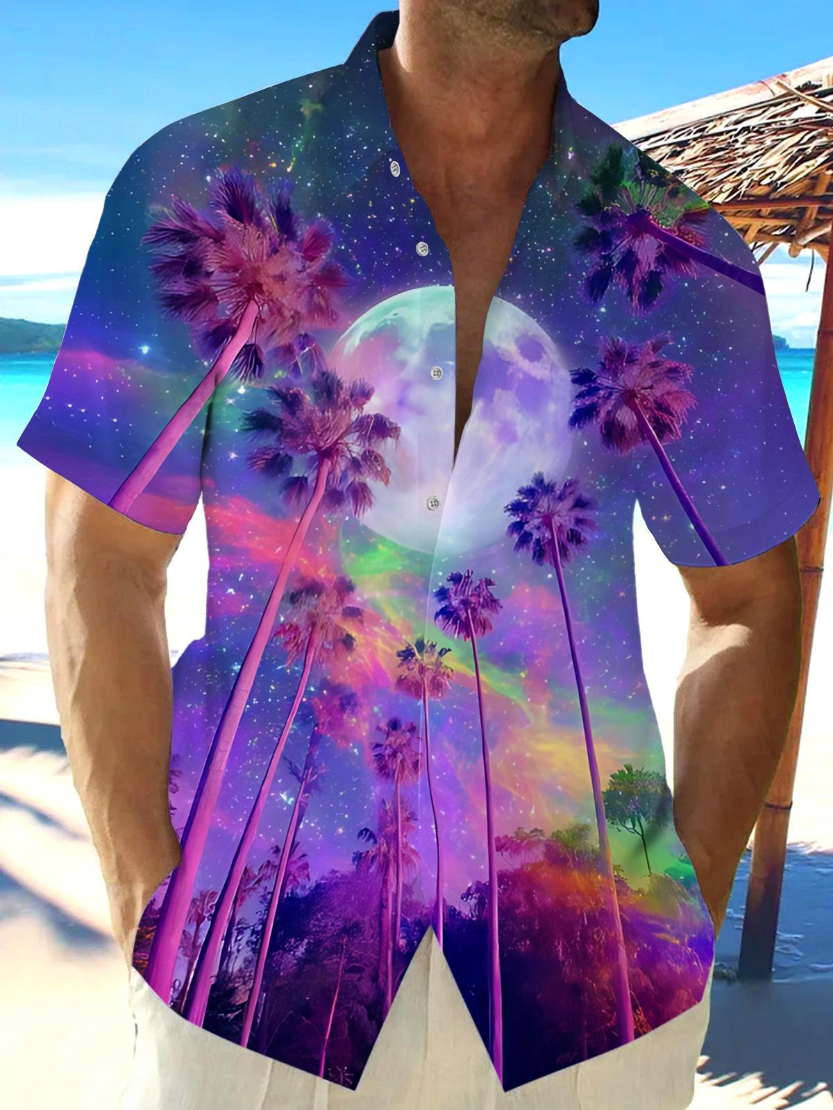 Night Sky Moon Palm Print Men's Pocket Short Sleeve Shirts