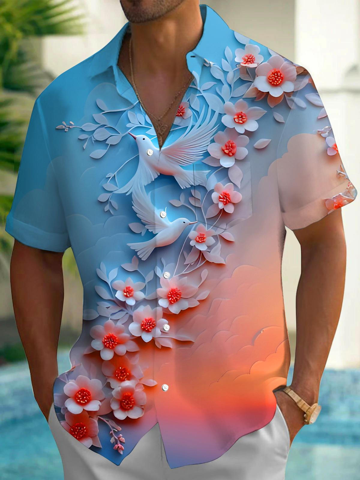 Gradient Flowers Birds Men's Pocket Short Sleeve Shirts