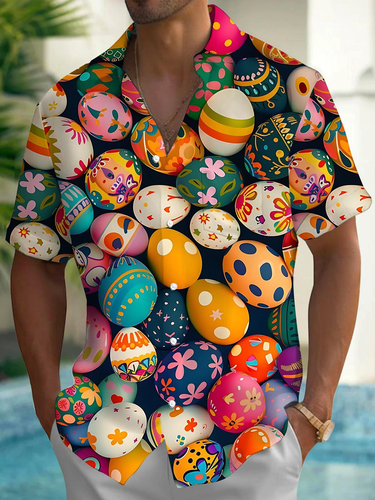 Easter Egg Print Men's Pocket Short Sleeve Shirts