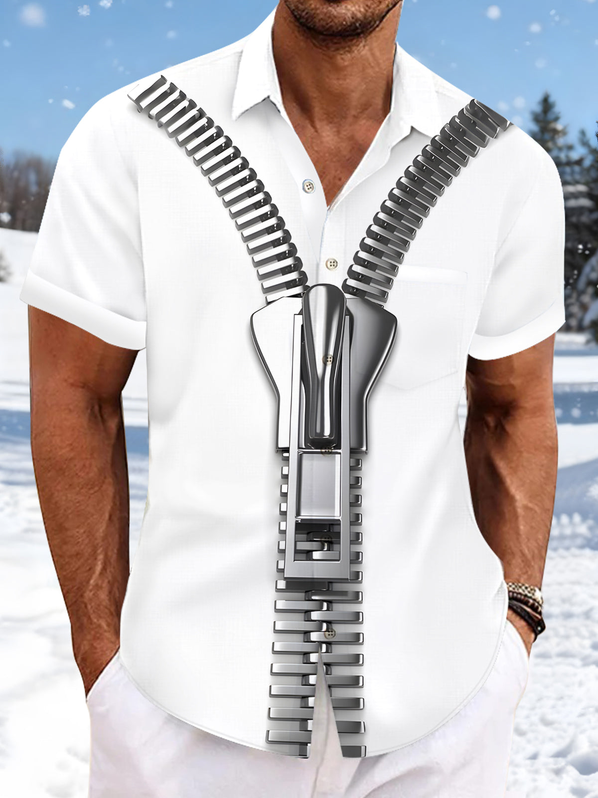 Zipper Men's Pocket Short Sleeve Shirts