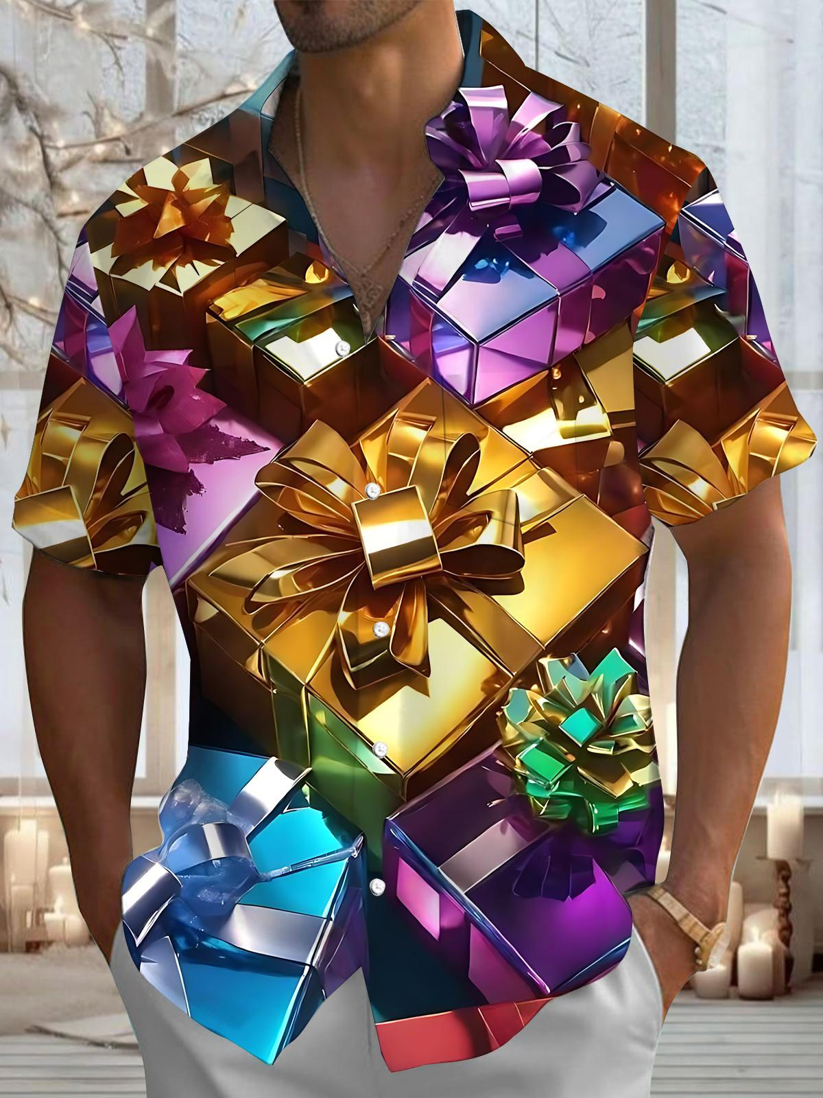 Christmas Gift Print Men's Pocket Short Sleeve Shirts